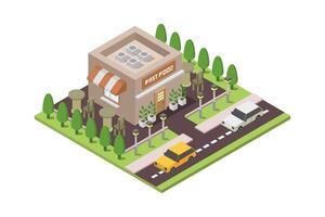 Isometric fast food building on white background vector