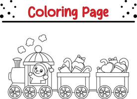 cute bear cartoon Christmas train coloring book page for adults and kids vector