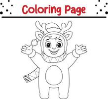 cute little boy wearing reindeer costume coloring book page for adults and kids vector