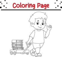 little boy pulling wagon car with pile books coloring book page for children vector