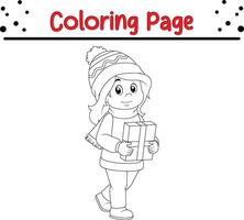 young girl Santa clothes holding gift boxes coloring book page for children vector