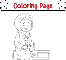 mujer visitando su padres tumba colorante libro página para niños vector