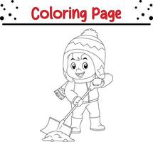 little boy winter clothes shoveling snow coloring book page for children vector