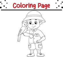 cuidador del zoológico jugando con pájaro colorante libro página para niños y adultos vector