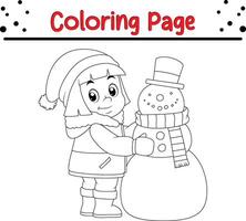 little girl building snowman coloring book page for children vector