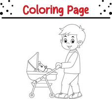 joven sonriente hombre padre vacaciones con su bebé colorante libro página para niños y adultos vector