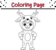 cute little boy wearing reindeer costume coloring book page for adults and kids vector