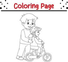caring dad teaching daughter ride bike first time coloring book page for children vector