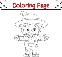 funny boy dressed ragged scarecrow Halloween costume coloring book page for children vector