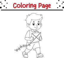 contento chico jugando cometa colorante libro página para niños vector