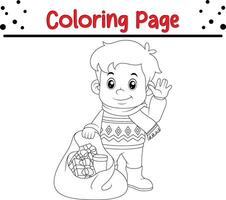 cute boy with brown sack gift coloring book page for children vector