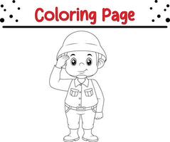 Ejército soldado saludando colorante libro página para niños y adultos vector