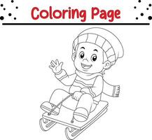 little boy sledding down hill coloring book page for children vector