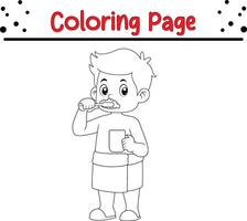 linda pequeño chico cepillado dientes colorante libro página para niños vector