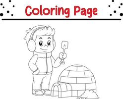 joven hombre edificio iglú haciendo casa hielo bloques colorante libro página para niños vector