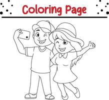 cute little boy girl take selfie coloring book page for adults and kids vector