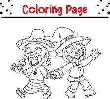 cute Halloween pumpkin skeleton coloring book page for adults and kids vector