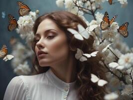 woman and butterflies photo