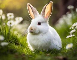 white rabbit in meadow photo