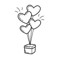 Gift with balloons hearts. Wedding item. Simple linear hand drawn doodle illustration vector