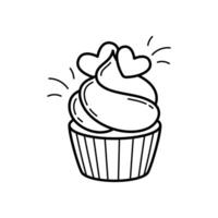 Cupcake with hearts. Wedding item. Simple linear hand drawn doodle illustration vector