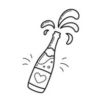 Champagne splash from bottle. Wedding item. Simple linear hand drawn doodle illustration vector