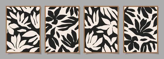 Set of Abstract groovy floral posters. Trendy botanical wall art with flower design print in black and white colors. Modern naive for interior decor, cover, card, background and minimal print. vector