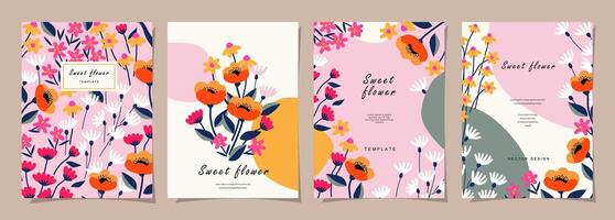 Floral template set for poster, card, cover, label, banner, background in modern minimalist style and simple summer design templates with flowers and plants. vector