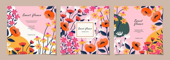 Floral template set for poster, card, cover, label, banner, background in modern minimalist style and simple summer design templates with flowers and plants. vector