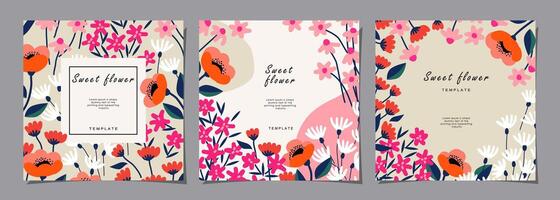 Floral template set for poster, card, cover, label, banner, background in modern minimalist style and simple summer design templates with flowers and plants. vector