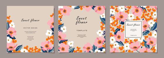 Floral template set for poster, card, cover, label, banner, background in modern minimalist style and simple summer design templates with flowers and plants. vector