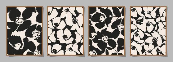 Set of Abstract groovy floral posters. Trendy botanical wall art with flower design print in black and white colors. Modern naive for interior decor, cover, card, background and minimal print. vector