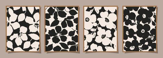 Set of Abstract groovy floral posters. Trendy botanical wall art with flower design print in black and white colors. Modern naive for interior decor, cover, card, background and minimal print. vector