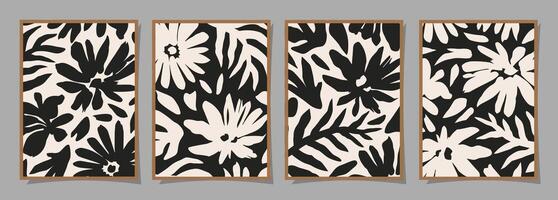 Set of Abstract groovy floral posters. Trendy botanical wall art with flower design print in black and white colors. Modern naive for interior decor, cover, card, background and minimal print. vector