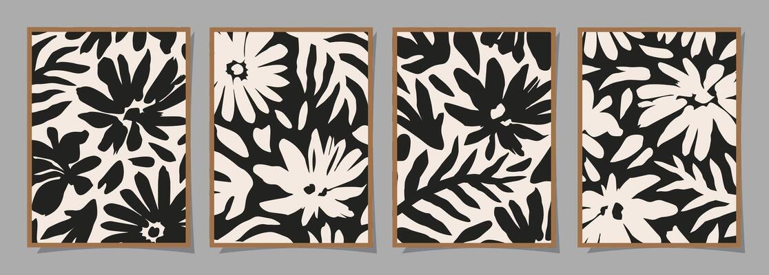 Set of Abstract groovy floral posters. Trendy botanical wall art with flower design print in black and white colors. Modern naive for interior decor, cover, card, background and minimal print.