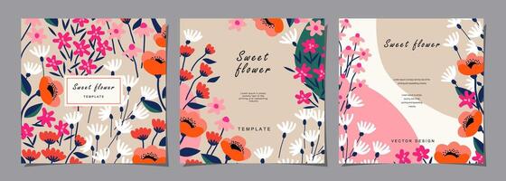 Floral template set for poster, card, cover, label, banner, background in modern minimalist style and simple summer design templates with flowers and plants. vector