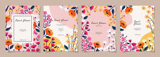 Floral template set for poster, card, cover, label, banner, background in modern minimalist style and simple summer design templates with flowers and plants. vector