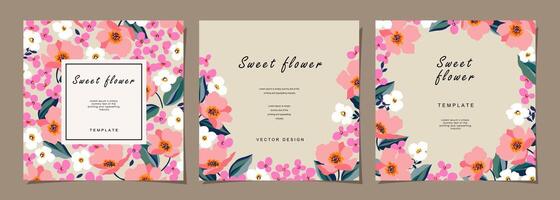 Floral template set for poster, card, cover, label, banner, background in modern minimalist style and simple summer design templates with flowers and plants. vector