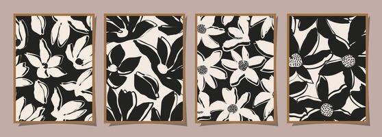 Set of Abstract groovy floral posters. Trendy botanical wall art with flower design print in black and white colors. Modern naive for interior decor, cover, card, background and minimal print. vector