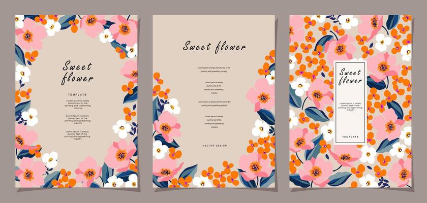Floral template set for poster, card, cover, label, banner, background in modern minimalist style and simple summer design templates with flowers and plants.
