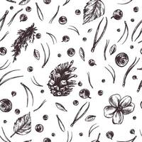 Blueberries with leaves, cones, moss, fir needles. Graphic illustration, hand drawn with brown ink, line art monochrome. Seamless pattern, simple on the theme of forest, harvest, nature. vector