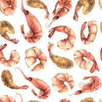 Boiled and fried peeled and unpeeled shrimp. Watercolor illustration. Seamless pattern on a white background from the SHRIMP collection. For the design and design of menus, recipes, packaging vector