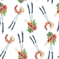 Boiled shrimp, lemon with chopsticks. Watercolor illustration. Seamless pattern on a white background from the SHRIMP collection. For decoration, design of packaging, menus, recipes, kitchen utensils vector