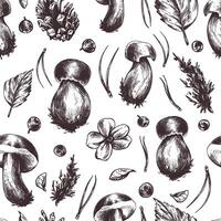 bosque comestible boleto hongos con arándanos, conos, otoño hojas y leña menuda. gráfico ilustración, mano dibujado con marrón tinta, línea Arte monocromo. sin costura modelo bosque, cosecha, naturaleza. vector