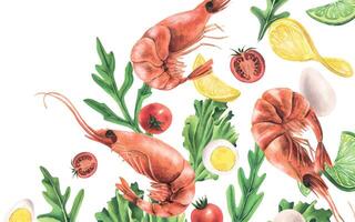 Boiled shrimp with ingredients arugula, quail eggs, cherry tomatoes, lime, lemon. Watercolor illustration. Composition from the SHRIMP collection. For the design and design of menus, recipes, salad vector