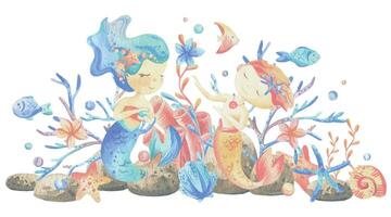 Mermaid little boy and girl with sea corals, algae, shells, starfish, fish, bubbles. Watercolor illustration hand drawn in coral, turquoise and blue colors. Composition isolated from the background. vector