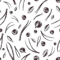 Blueberries with leaves and fir needles. Graphic illustration, hand drawn with brown ink, line art monochrome. Seamless pattern, simple on the theme of forest, harvest, nature. vector