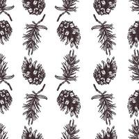 Pine branches and cones 2025. Graphic illustration, hand drawn with brown ink, line art monochrome. Seamless pattern, simple on the theme of forest, harvest, nature. vector