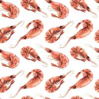 Boiled shrimp unpeeled different. Watercolor illustration. Seamless pattern on a white background from the SHRIMP collection. For the design and design of menus, recipes, packaging, shops, cafes vector