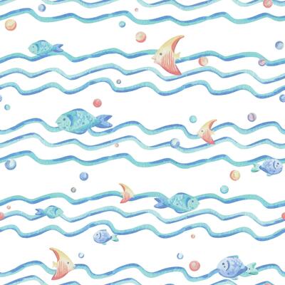 Sea waves, various fish and bubbles. Hand drawn watercolor illustration in blue and coral colors. Seamless pattern, childish, cute, gentle, simple for textiles and nursery decoration